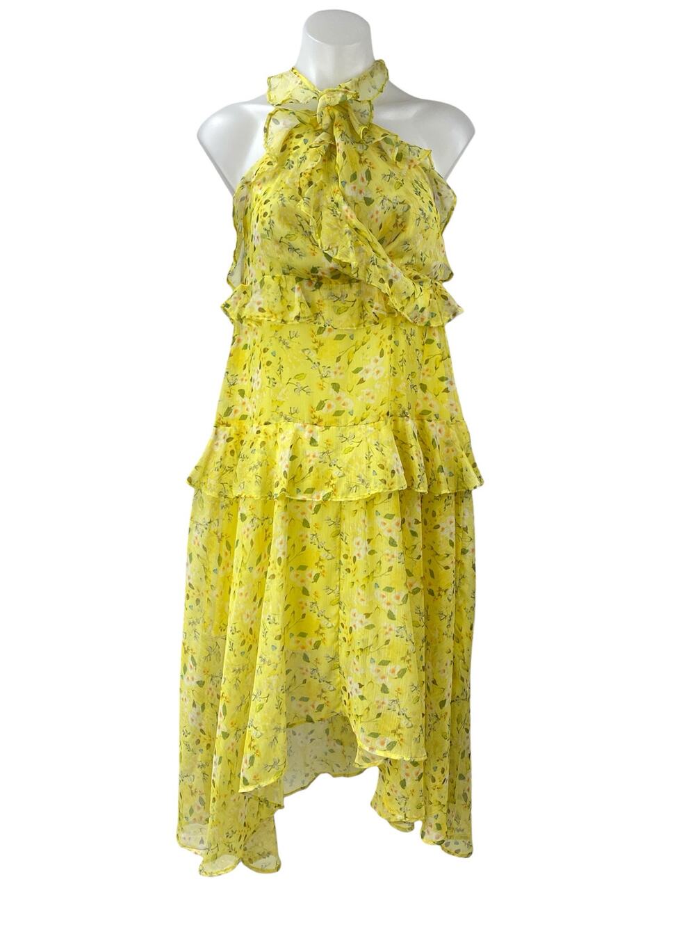 Aqua Yellow Floral Ruffled Silk Sleeveless Halter Neck Zip Midi A-Line Dress  M